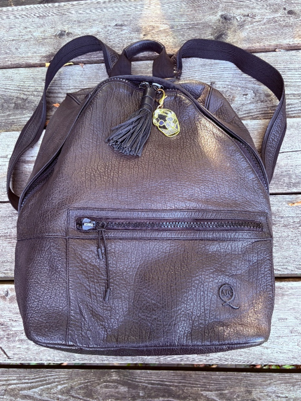 Alexander McQueen large pebbled leather backpack with keychain, 17 x 17 x 6 in